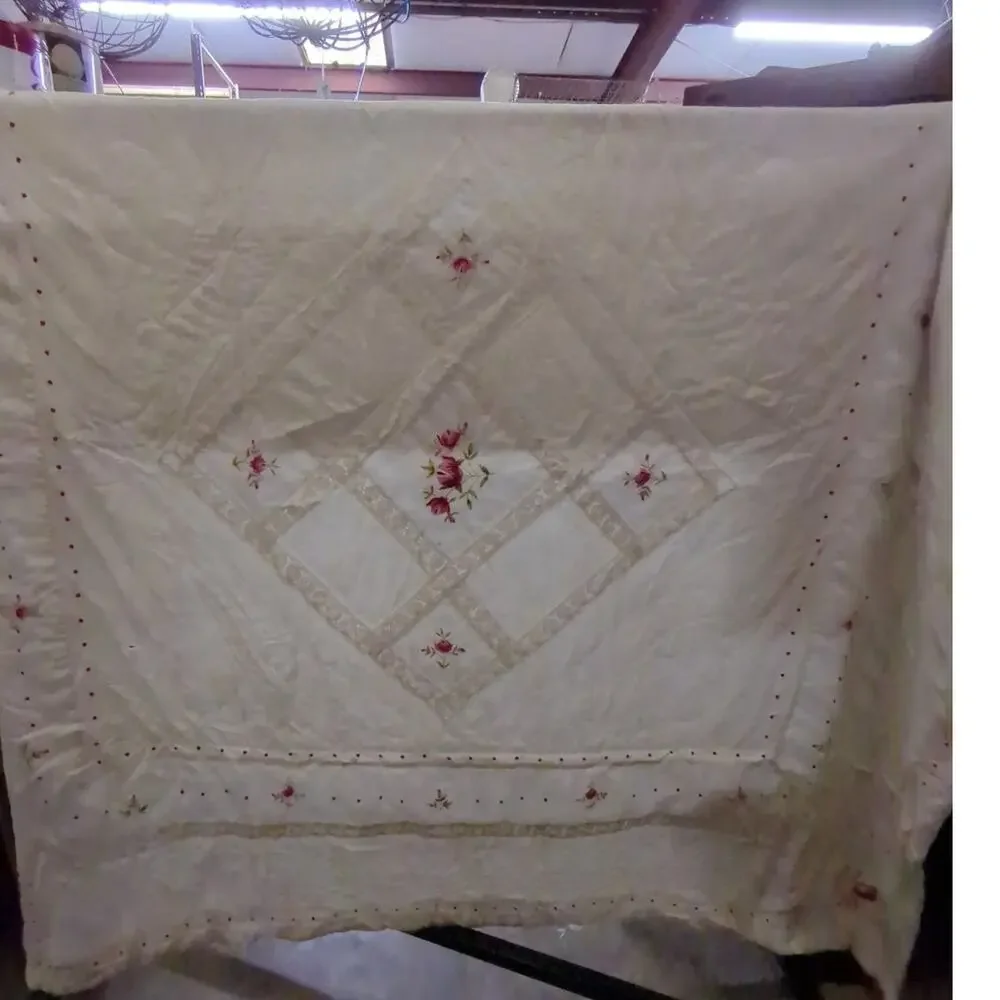 comforter Quilt NEEDS REPAIR shabby chic pink green cream 80